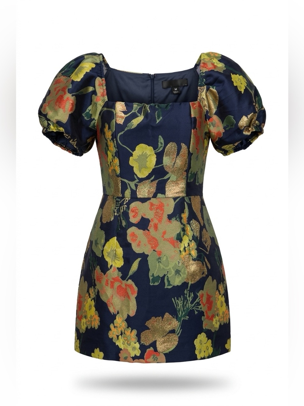 Lulu's Navy Puff-Sleeve Floral Jacquard Mini Dress with Gold Accents
